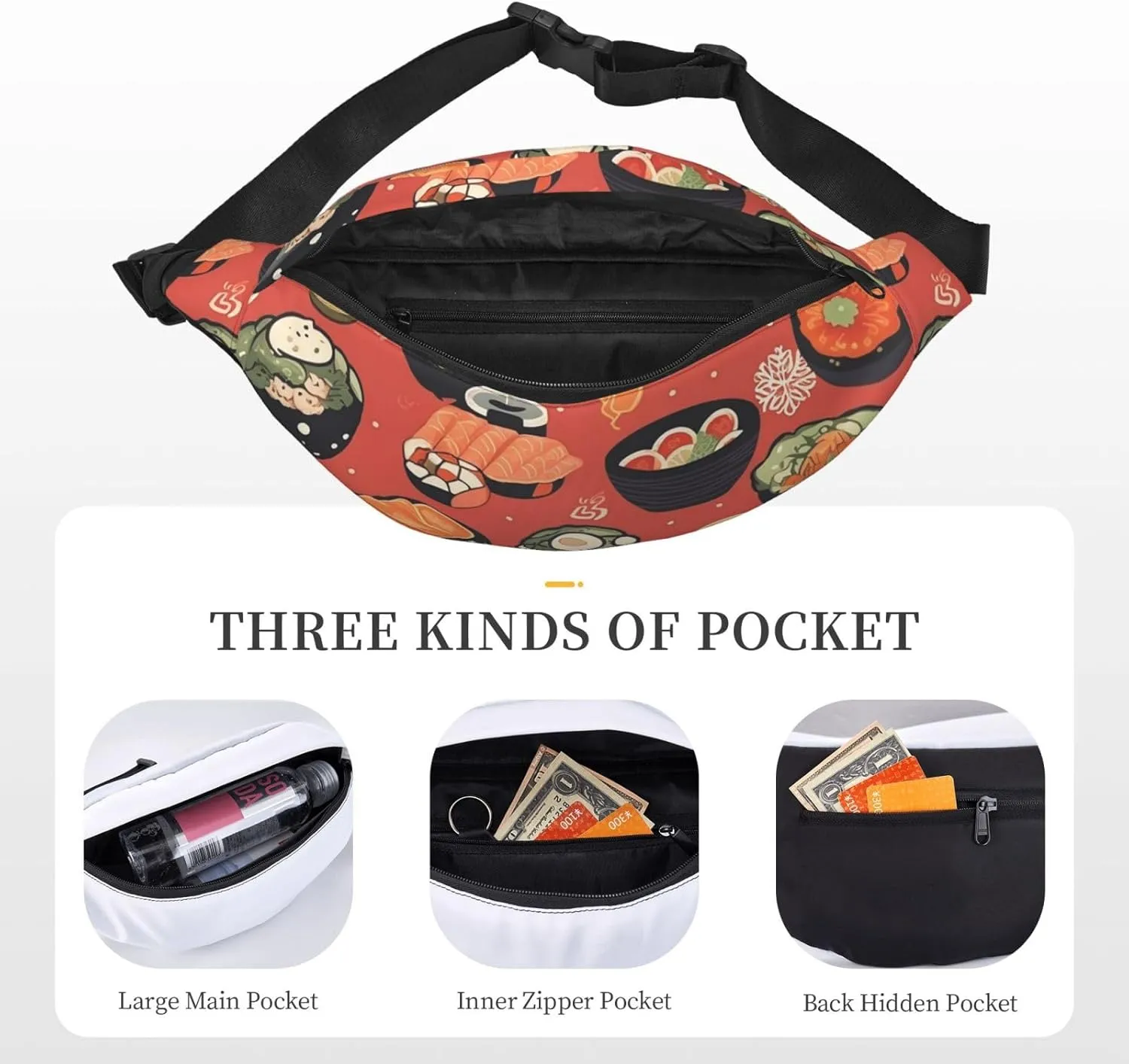 Fanny Pack for Men Women Waist Bag Adjustable Waist Pack Crossbody Belt Bag Japanese food pattern Bum Bag