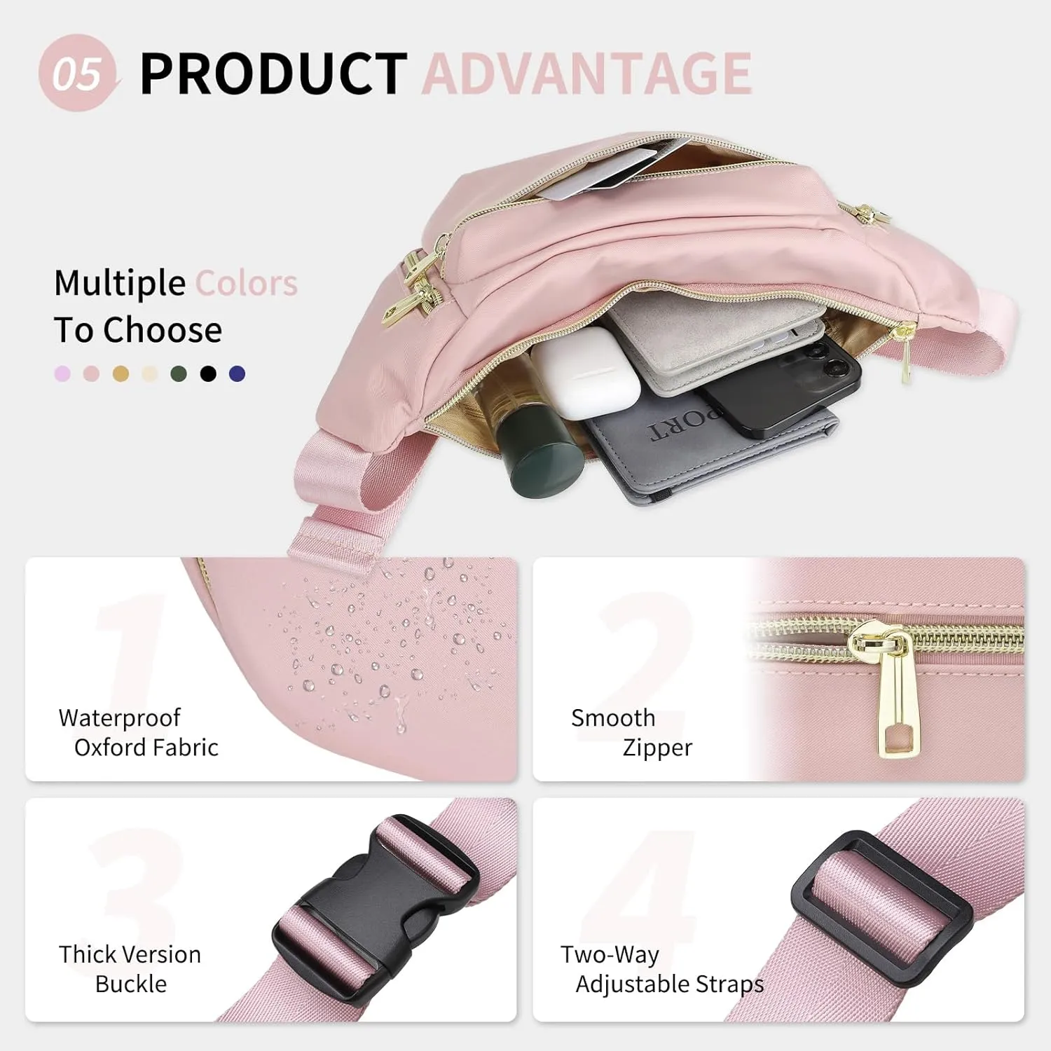 Fanny Pack for Men Women, Waterproof Nylon Anti Theft Waist Bag for Travel Hiking Running Sports Belt Bag (Pink)
