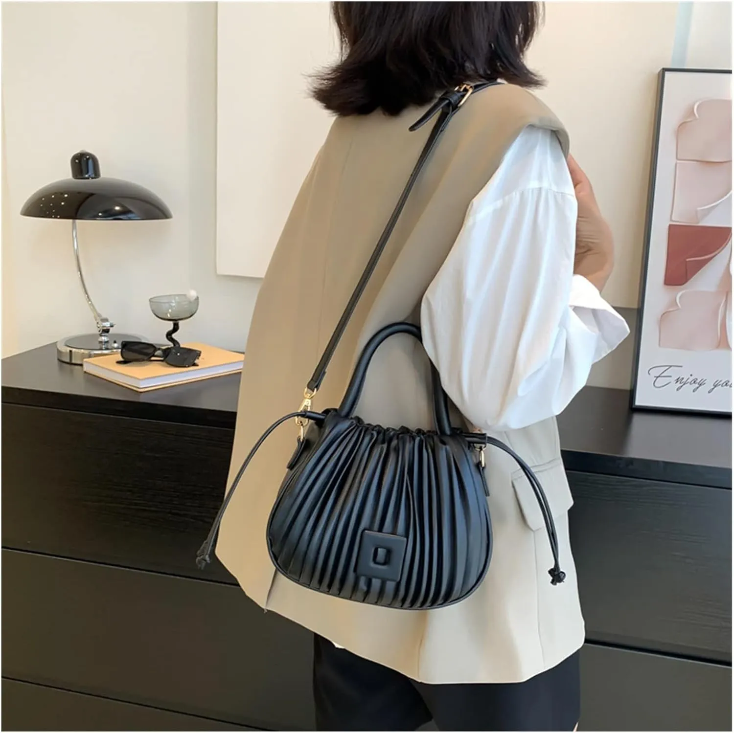 Fashion Handbags Women Shoulder Crossbody Bags For Women Tote PU Leather Bucket Bag(White)