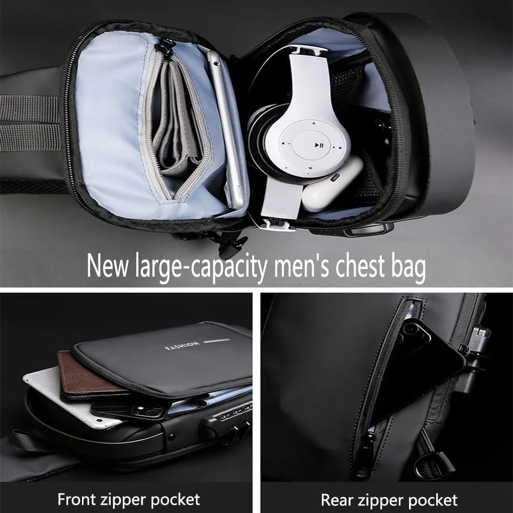 Fashion New Carbon Fiber Streamline Anti-Theft Sling Bag, USB Charging Shoulder Chest, Waterproof Sports Crossbody Backpack (2pcs-Gray Gold)
