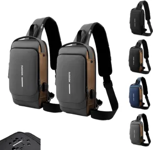 Fashion New Carbon Fiber Streamline Anti-Theft Sling Bag, USB Charging Shoulder Chest, Waterproof Sports Crossbody Backpack (2pcs-Gray Gold)