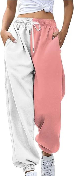 Fashion Two Tone Sweatpants for Women Casual Loose Fit Drawstring Elastic Waistband Cinch Bottom Slacks Workout Sport Joggers