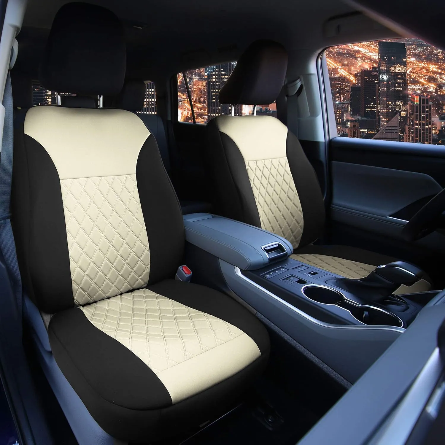 FH Group Car Seat Covers Neoprene - Seat Cover for Low Back Seats with Removable Headrest, Universal Fit, Airbag Compatible, Seat Cover for SUV and Van, Front Set Beige
