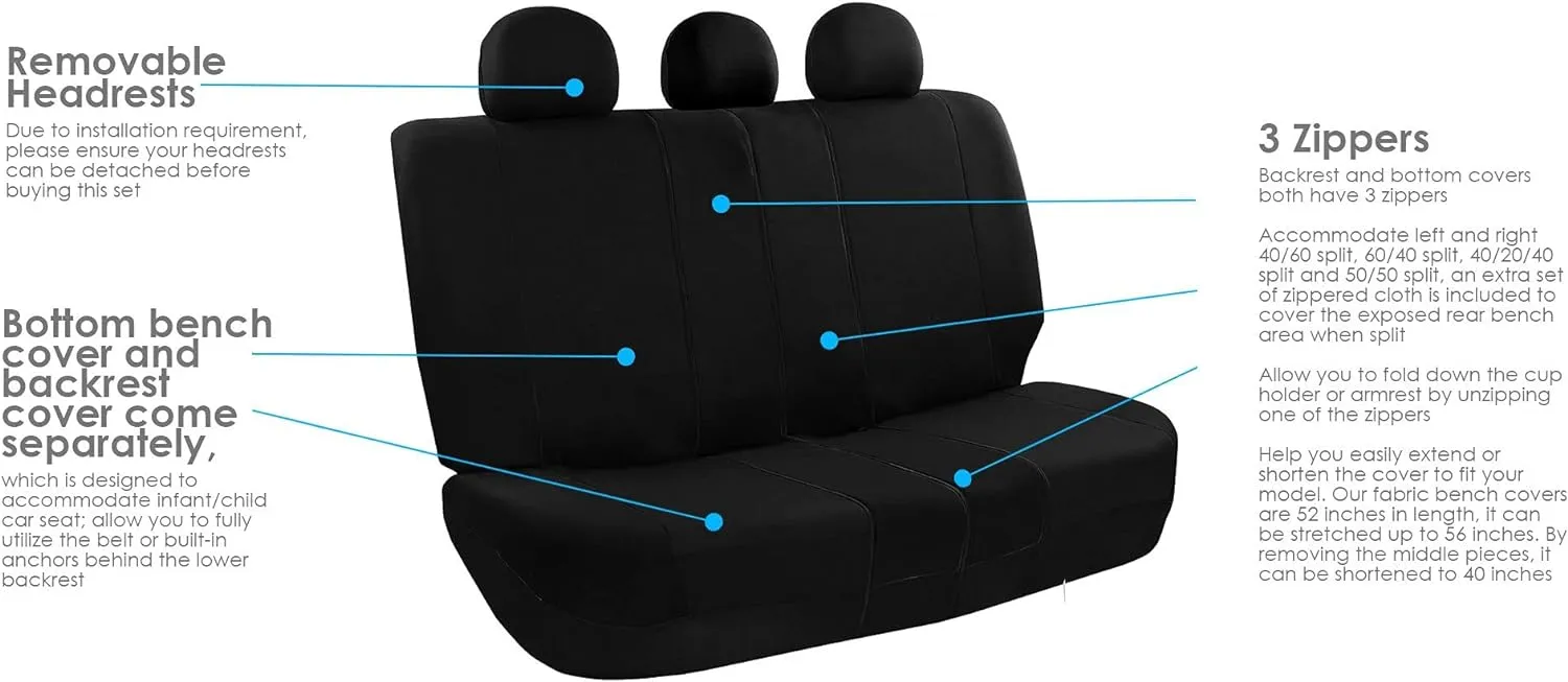 FH Group Light Breathable Durable Washable Flat Foam Padding Cloth Full Set Car Seat Covers, Airbag & Split Compatible w Gift - Universal Fit for Cars Trucks and SUVs (Black)