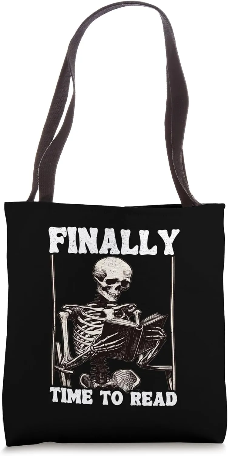 Finally Time To Read Book Lover Bookworm Skeleton Funny Book Tote Bag