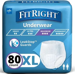 FitRight Super Adult Incontinence Underwear, Maximum Absorbency, X-Large, 56-68, 4 Packs of 20 (80 Total)