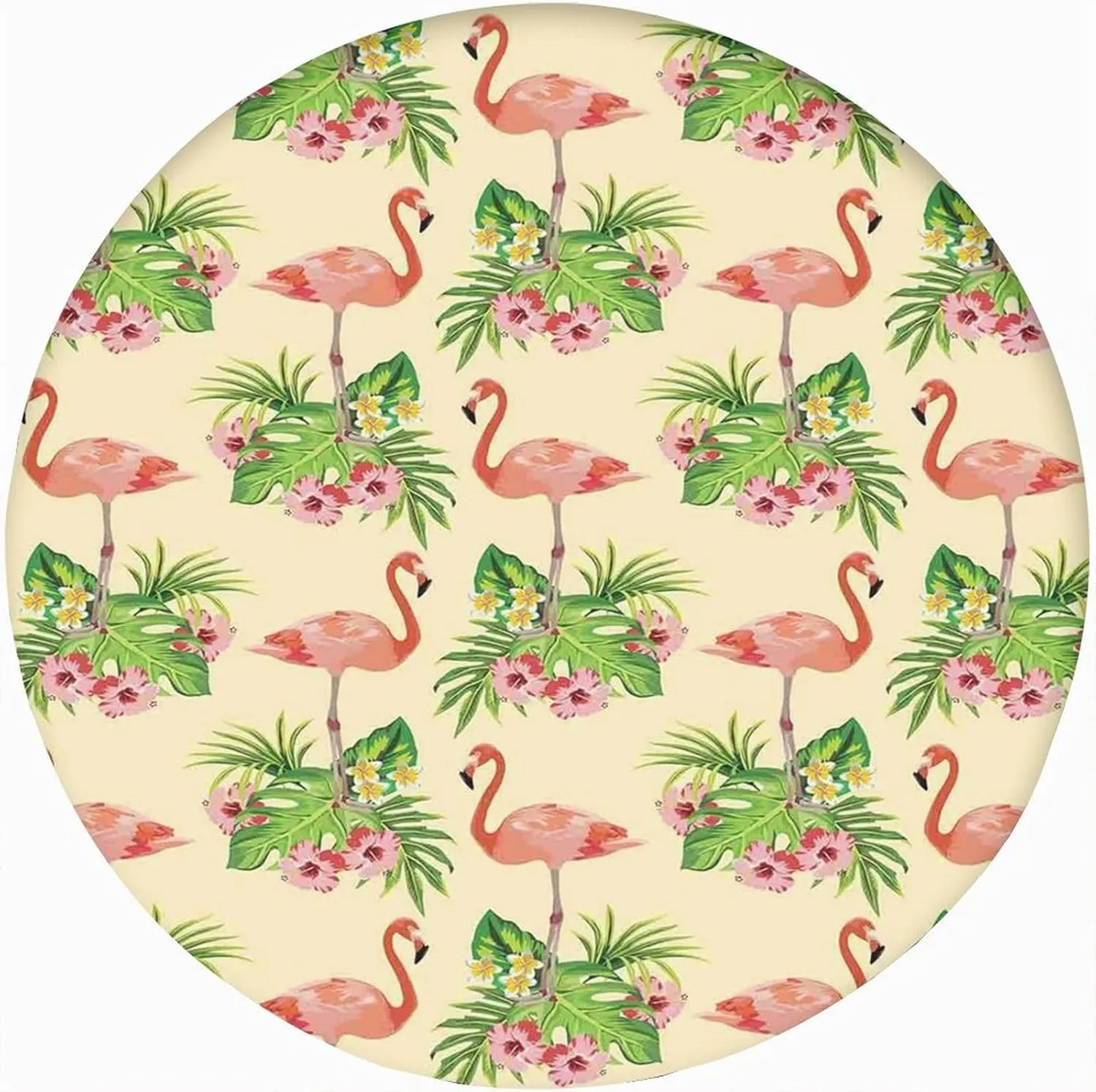 Flamingo Elastic Edged Polyester Fitted Table Cover,Flamingo and Greenery Grass Lake River Floral Print Round Fitted Tablecloth Fit Round Tables for Picnic Party-60x60 in