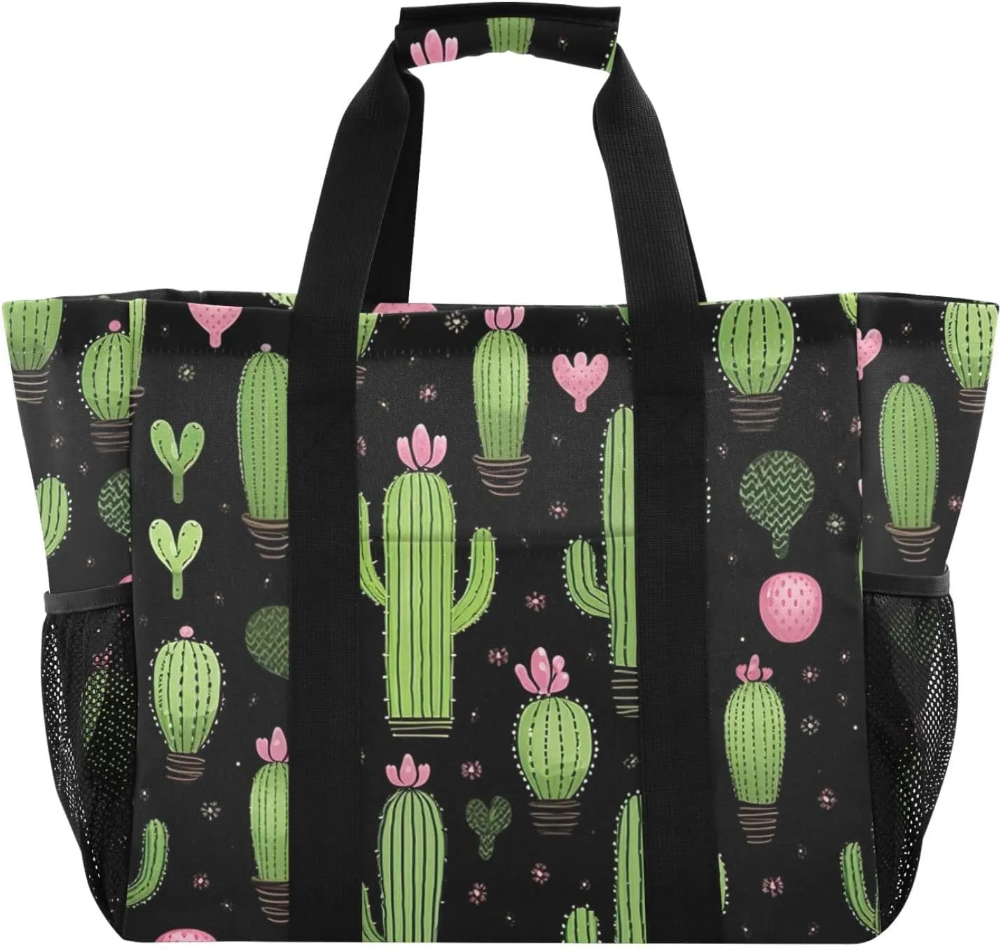 Flower Colorful Cactus Succulents Tote Bag for Women with Zipper Large Beach Bags Foldable Work Bag Handbags Totes for Gym Grocery Travel Pool