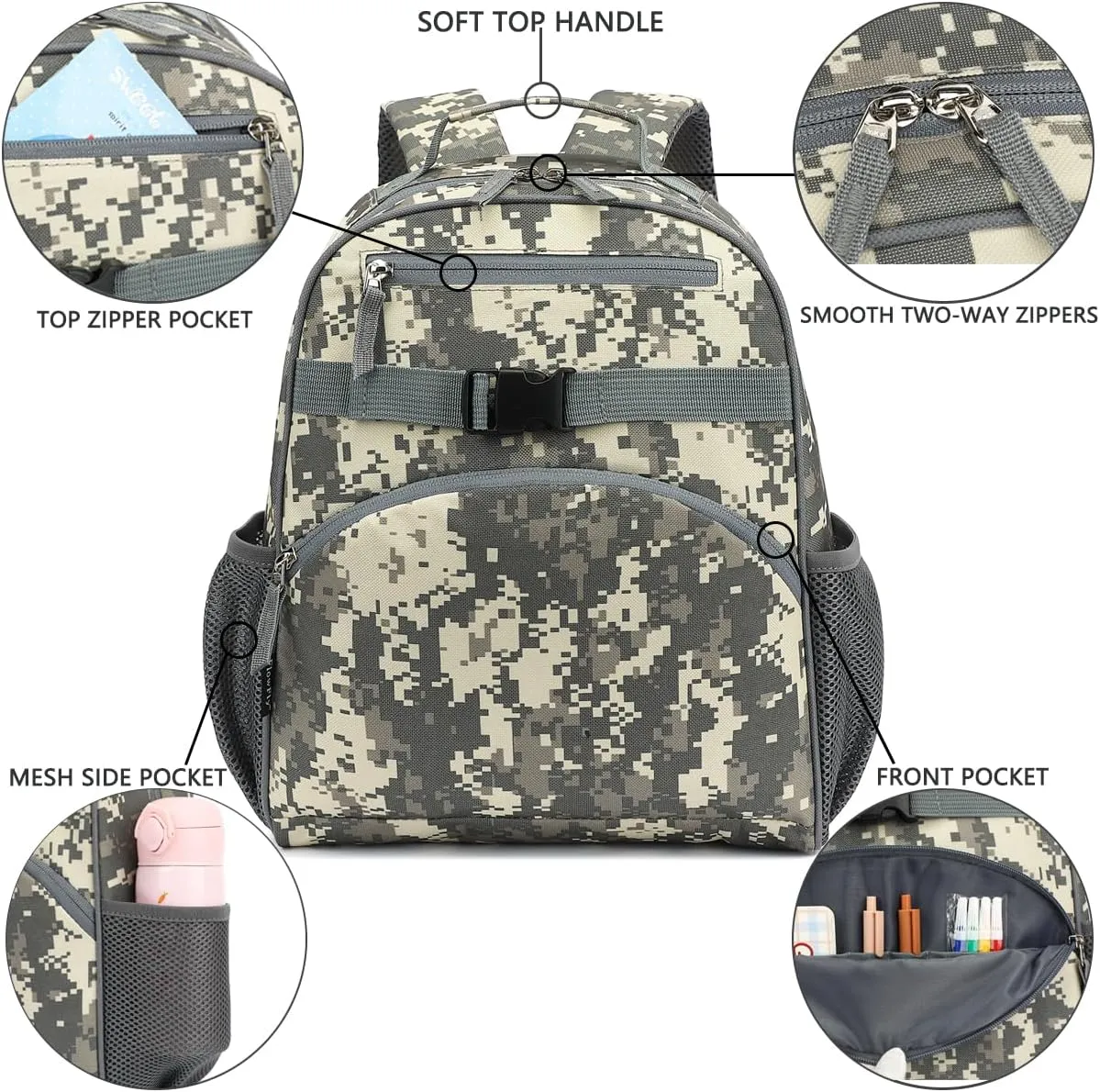 FlowFly Kids Backpack for Toddler Boys Girls, Simple Lightweight Bookbag for Daycare Kindergarten Elementary School Travel, Small Modern Bag (Medium 15''), Digital Camo