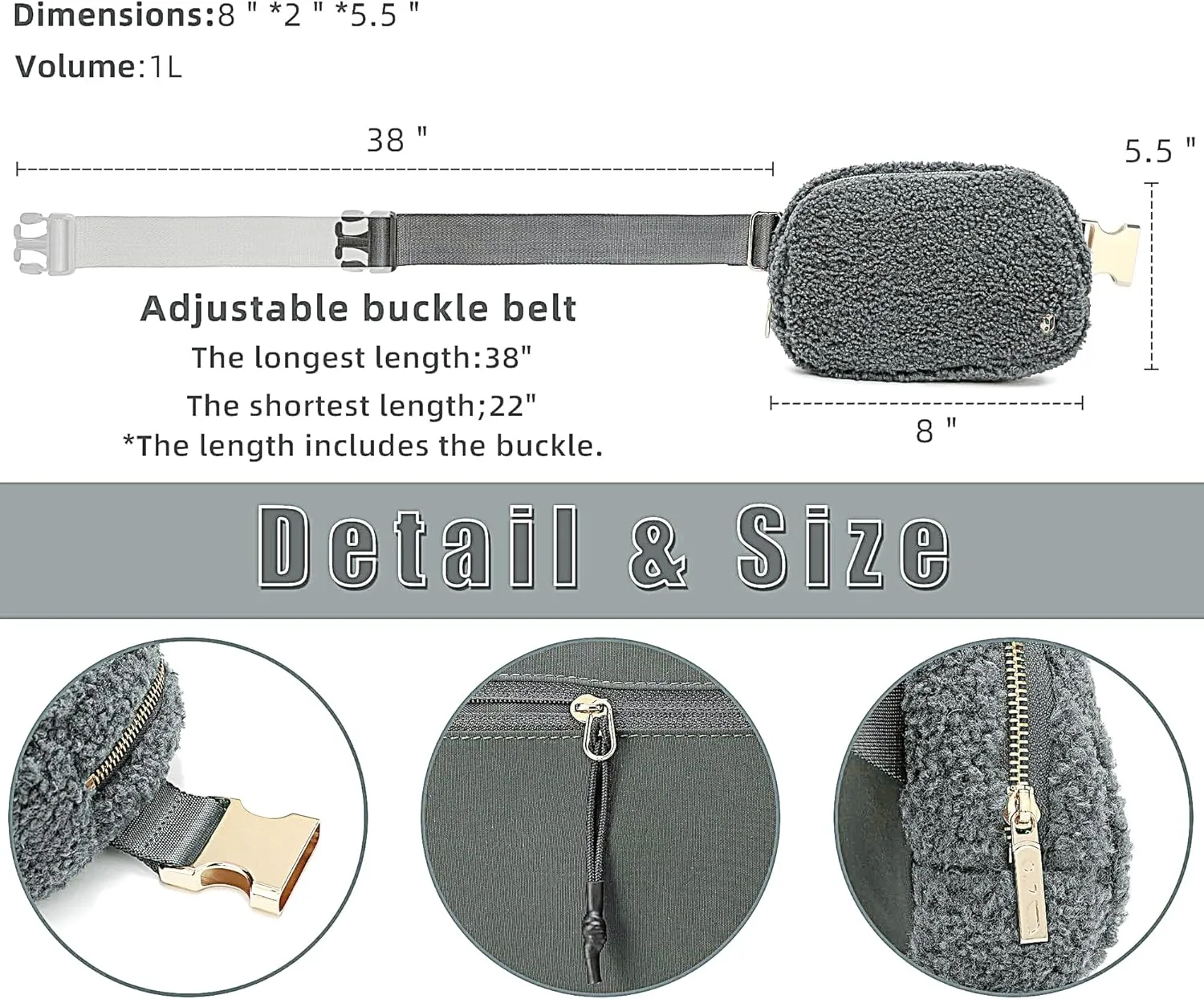 FODOKO Sherpa Belt Bag, Fleece Crossbody Bag Fanny Pack for Women Fashionable Everywhere Waist Bum Bag Pack with Hardware Buckle DarkGrey