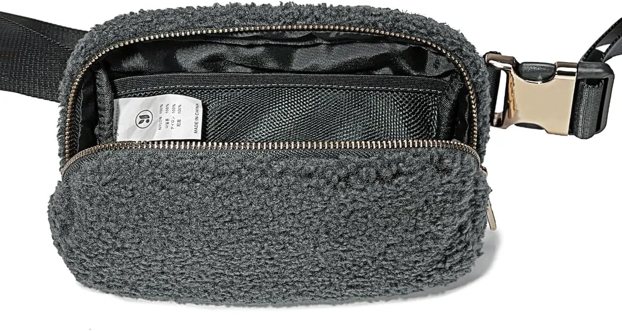 FODOKO Sherpa Belt Bag, Fleece Crossbody Bag Fanny Pack for Women Fashionable Everywhere Waist Bum Bag Pack with Hardware Buckle DarkGrey