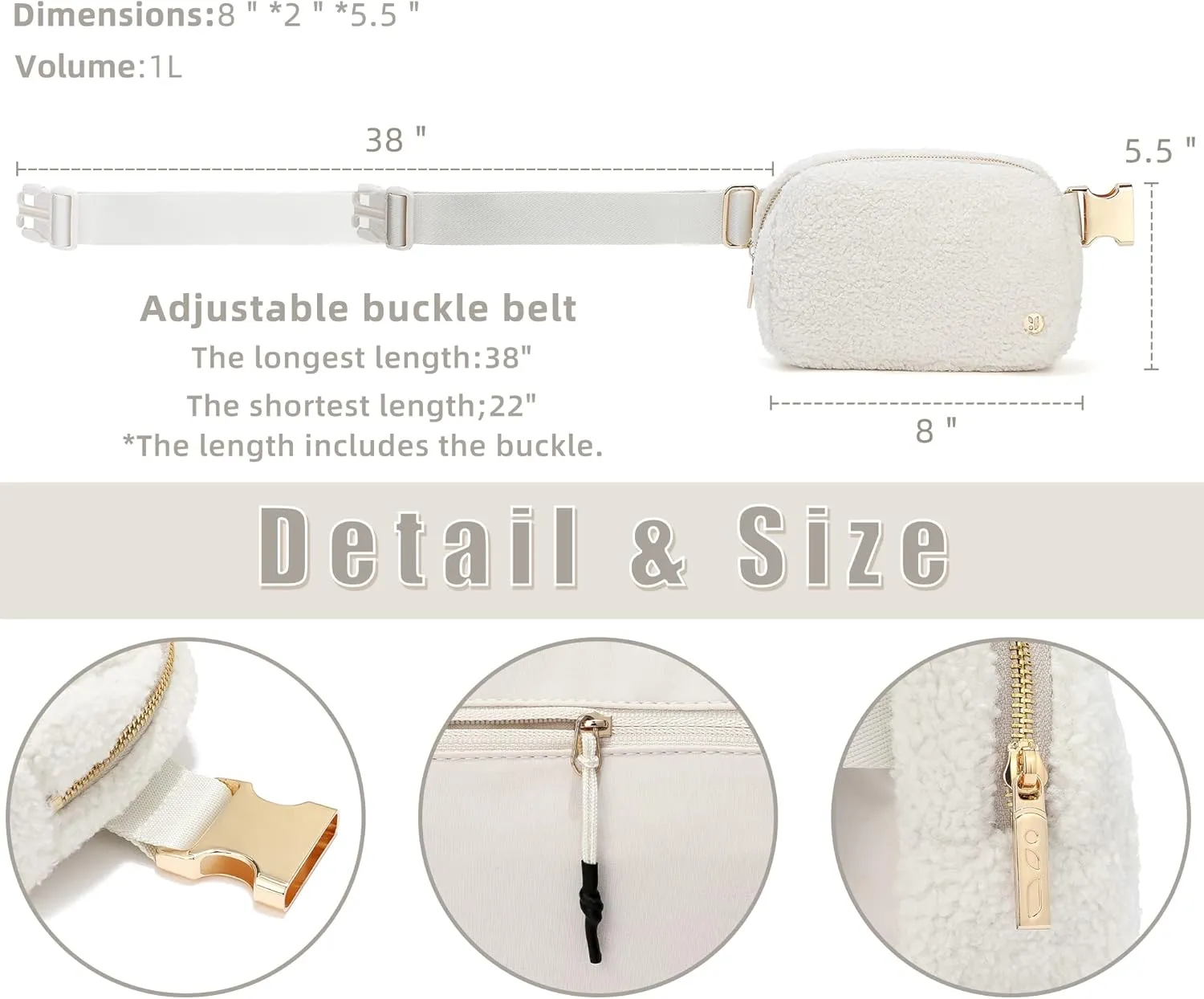 FODOKO Sherpa Belt Bag, Fleece Crossbody Bag Fanny Pack for Women Fashionable Everywhere Waist Bum Bag Pack with Hardware Buckle (Ivory)