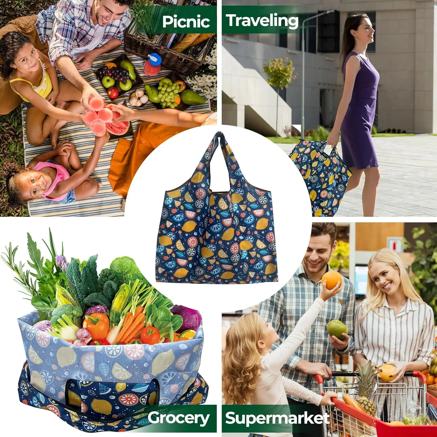 Foldable Reusable Shopping Bags Large Heavy Duty Tote Bags with Handles Machine Washable