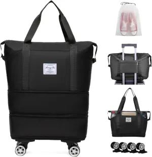 Foldable Travel Bag with Wheels, Expandable Duffel Bag, Carry On Luggage, Weekender Bag, Black