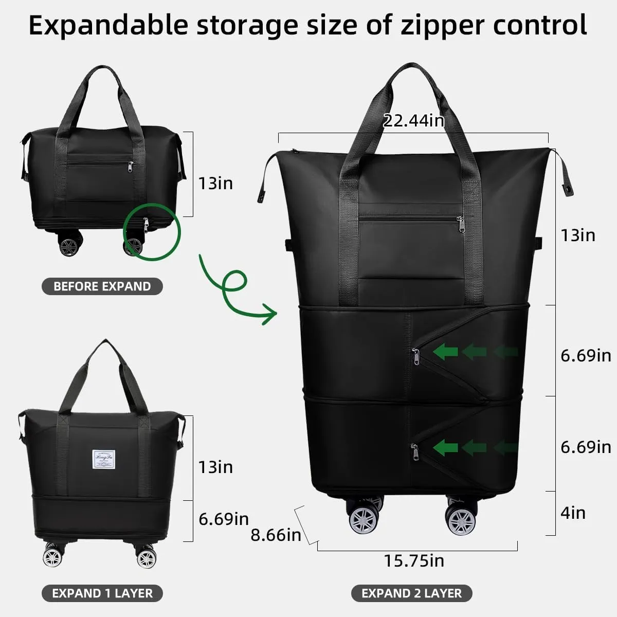 Foldable Travel Bag with Wheels, Expandable Duffel Bag, Carry On Luggage, Weekender Bag, Black