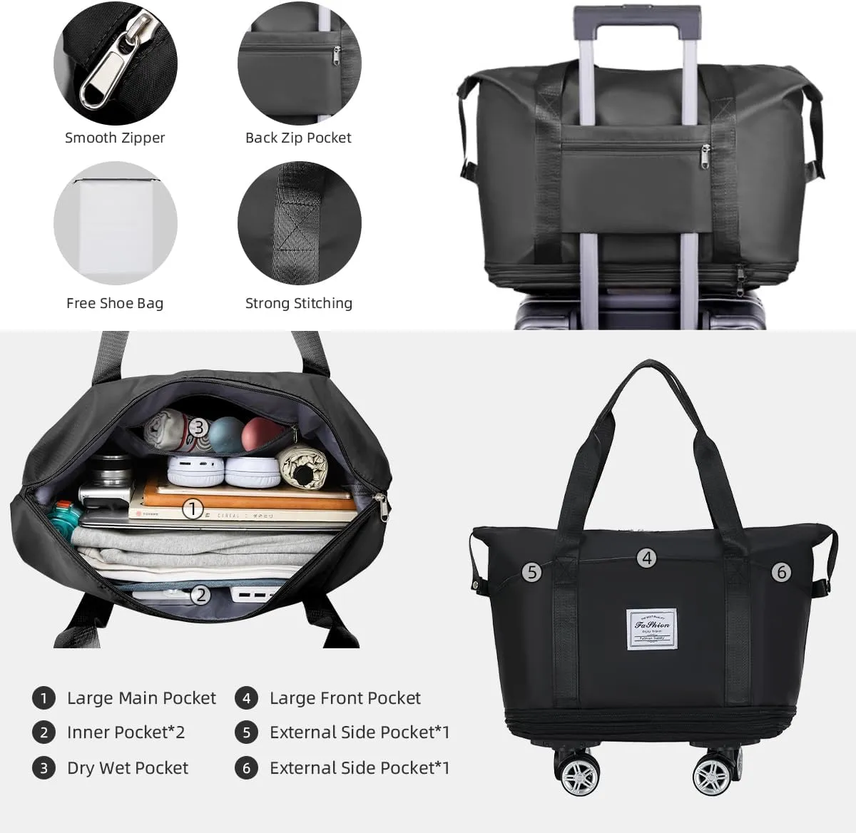 Foldable Travel Bag with Wheels, Expandable Duffel Bag, Carry On Luggage, Weekender Bag, Black