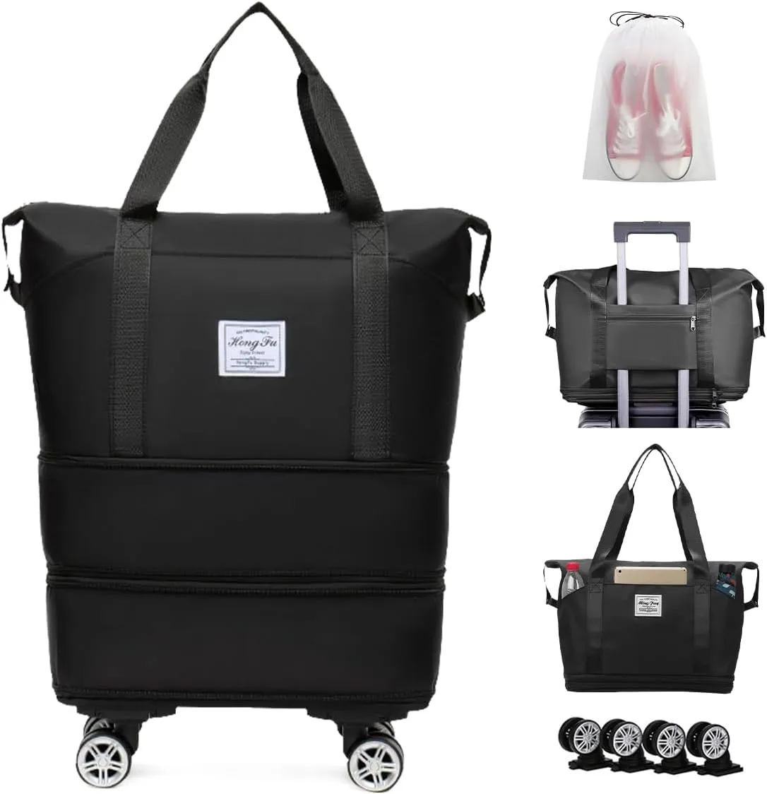 Foldable Travel Bag with Wheels, Expandable Duffel Bag, Carry On Luggage, Weekender Bag, Black
