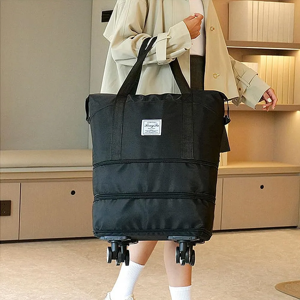 Foldable Travel Bag with Wheels, Expandable Duffel Bag, Carry On Luggage, Weekender Bag, Black