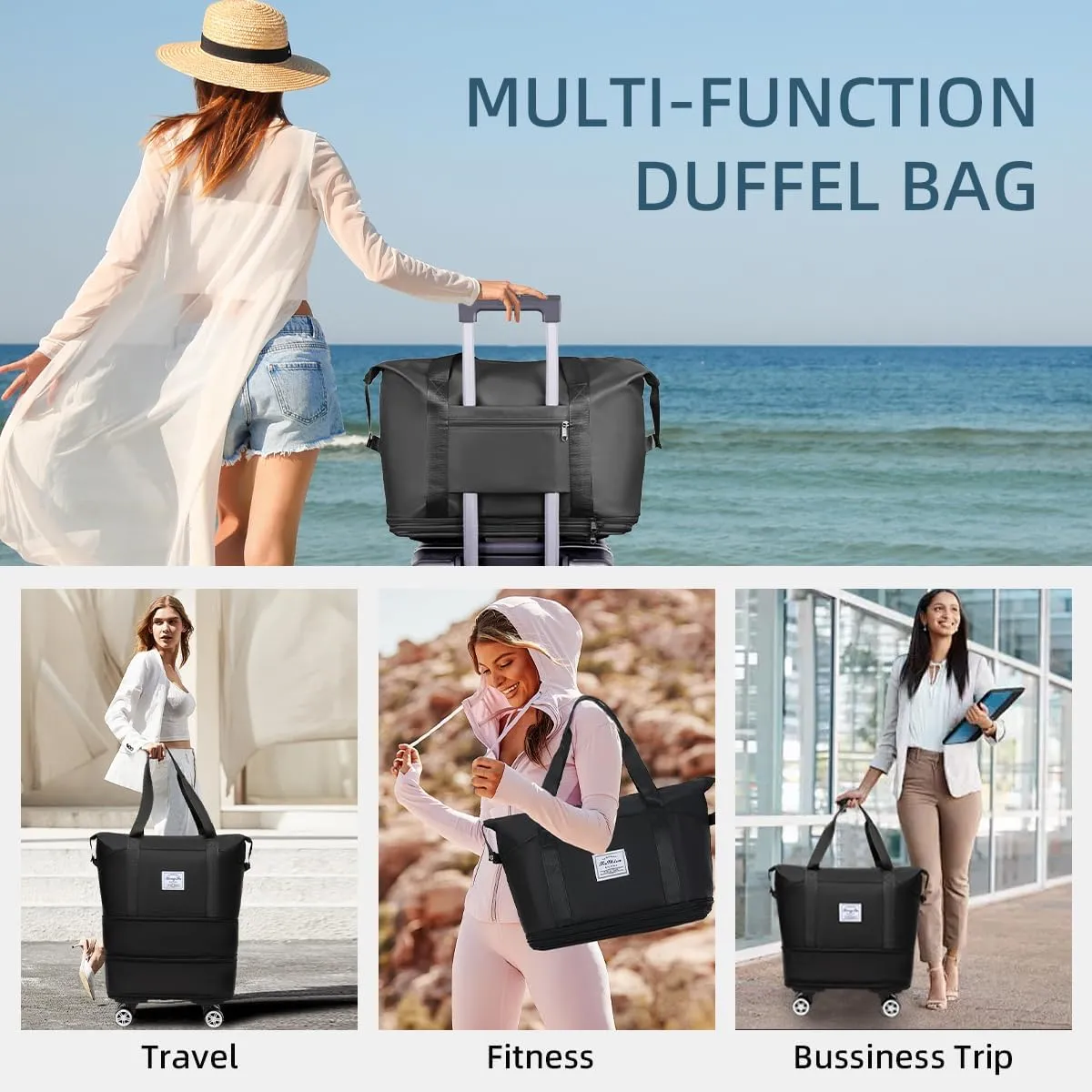 Foldable Travel Bag with Wheels, Expandable Duffel Bag, Carry On Luggage, Weekender Bag, Black