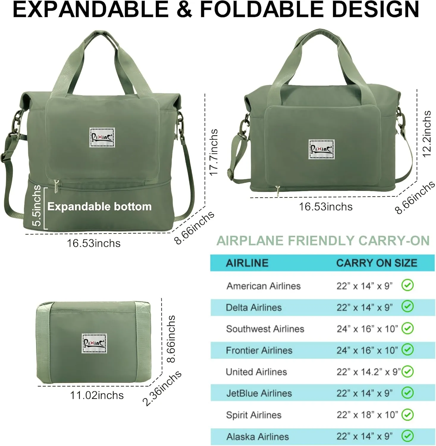Foldable Travel Duffle Bag, 40L Expandable Weekender Bag for Women, Overnight Carry On Sport Gym Tote with Bottle Holder