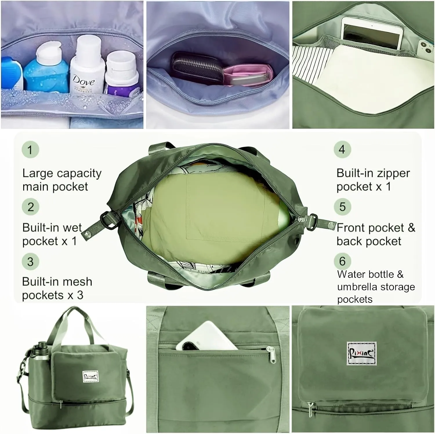 Foldable Travel Duffle Bag, 40L Expandable Weekender Bag for Women, Overnight Carry On Sport Gym Tote with Bottle Holder
