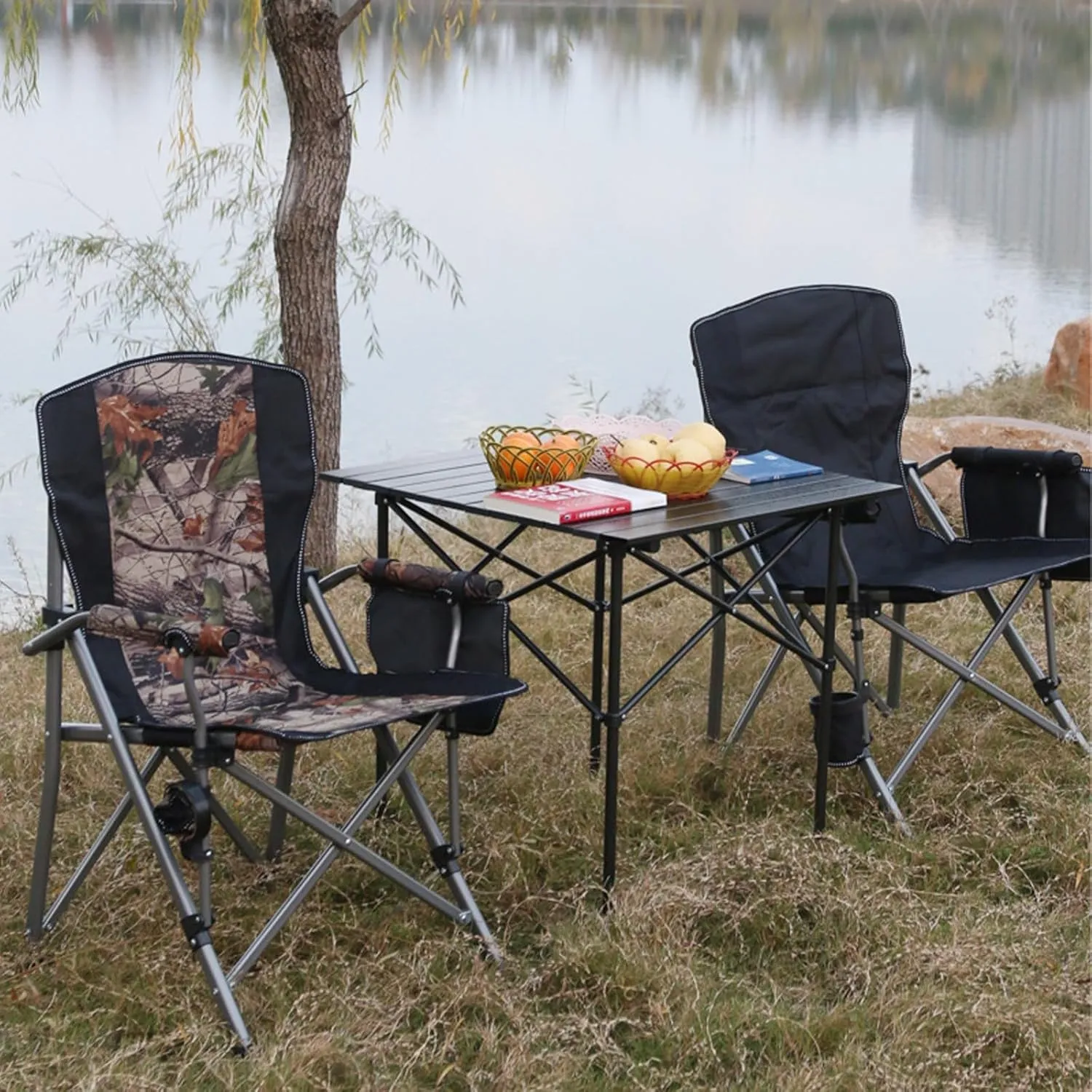 Folding Camping Chair, Portable High Back Padded Garden Chair with Armrests, Outdoor Chairs with Arm Rest Cup Holder and Portable Carrying Bag for Fishing Garden Picnic Green
