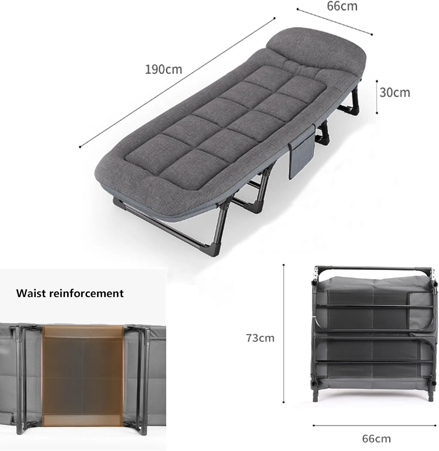 Folding Camping Cot, Portable Foldable Guest Bed with Side Storage Bag, 6-position Adjustable Lounge Foldable Bed for Home Office Nap Beach Pool Patio Travel, Steady Frame(190 * 66 * 35cm)