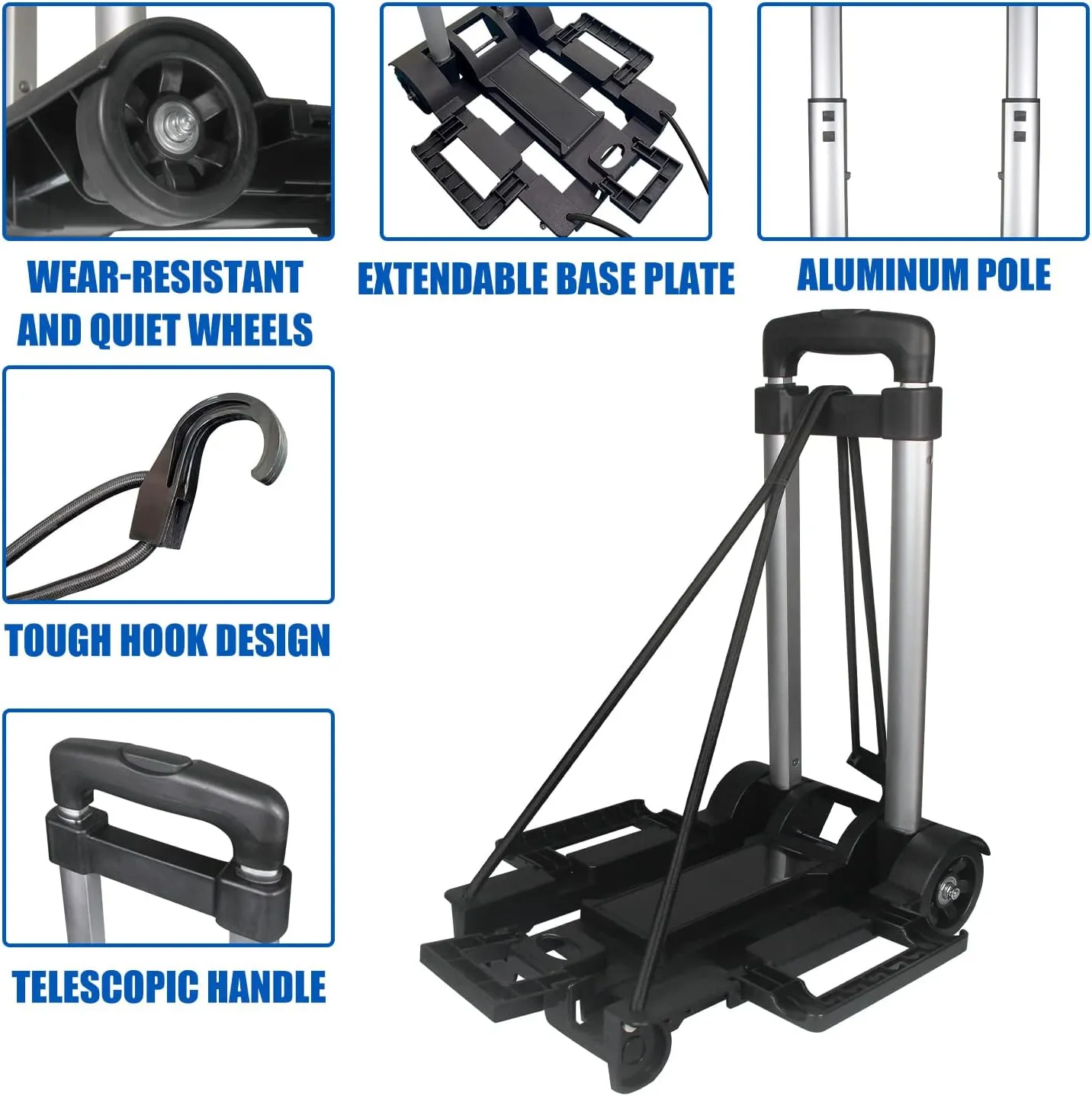 Folding Hand Truck, Expandable Light Weight Luggage Cart with 2 Wheels, Free Bungee Cord and Storage Bag, Aluminium Foldable Trolley for Travel, Shopping，Moving, Office