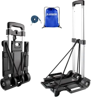 Folding Hand Truck, Expandable Light Weight Luggage Cart with 2 Wheels, Free Bungee Cord and Storage Bag, Aluminium Foldable Trolley for Travel, Shopping，Moving, Office