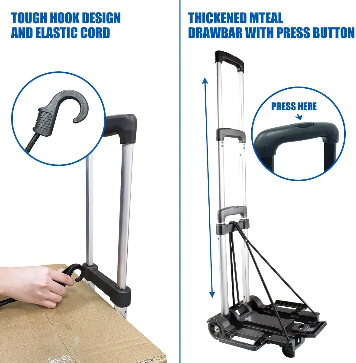 Folding Hand Truck, Expandable Light Weight Luggage Cart with 2 Wheels, Free Bungee Cord and Storage Bag, Aluminium Foldable Trolley for Travel, Shopping，Moving, Office