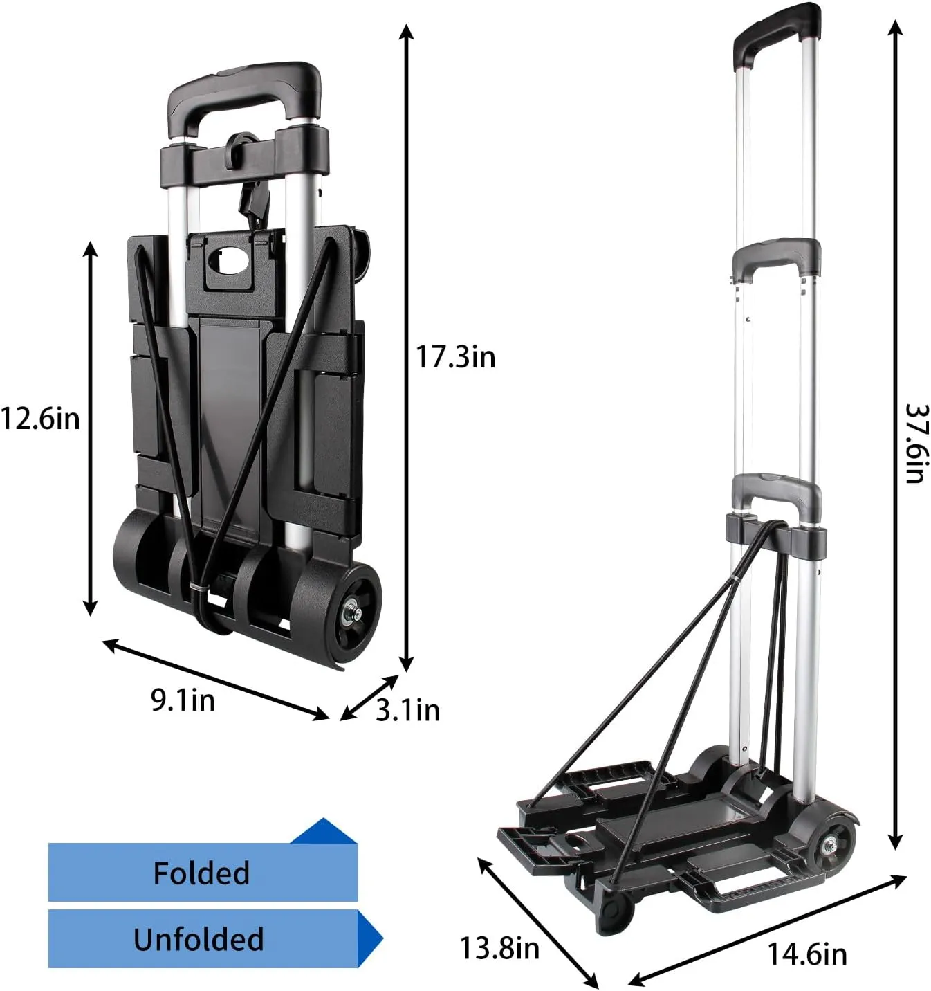 Folding Hand Truck, Expandable Light Weight Luggage Cart with 2 Wheels, Free Bungee Cord and Storage Bag, Aluminium Foldable Trolley for Travel, Shopping，Moving, Office