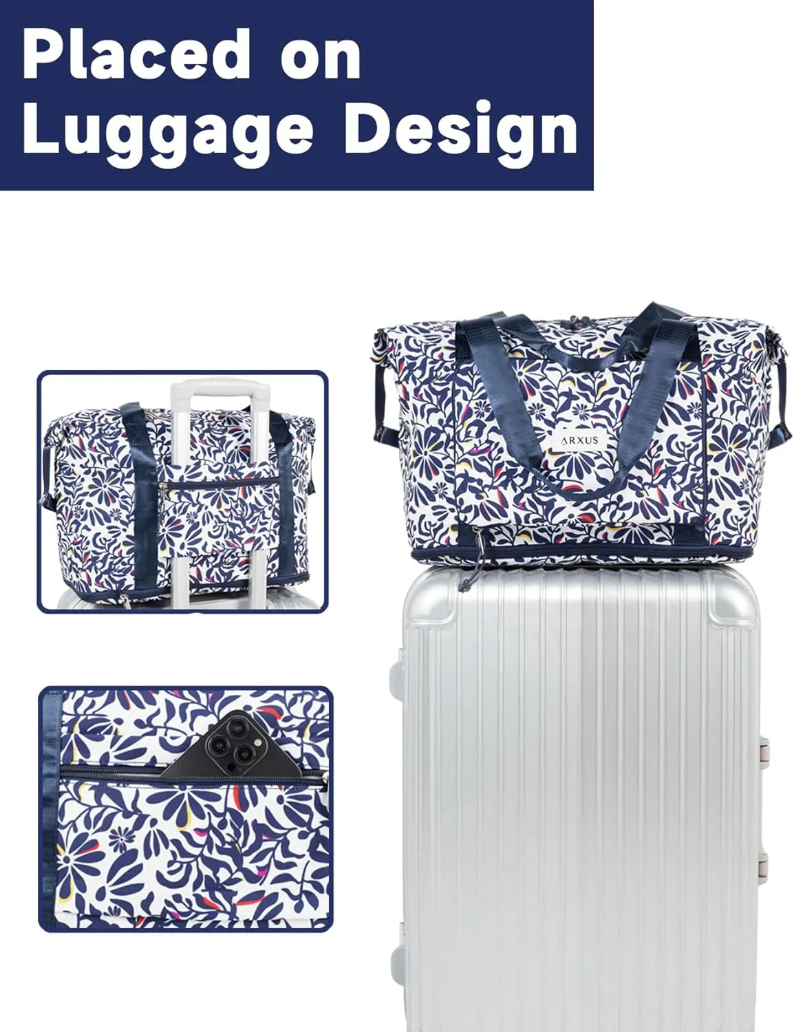 Folding Travel Bag Carry on Bags for Airplanes with Detachable Adjustable Shoulder Strap Light Weight Travel Duffle Bag for Women with Suitcase Sleeve 17x11x9 inch
