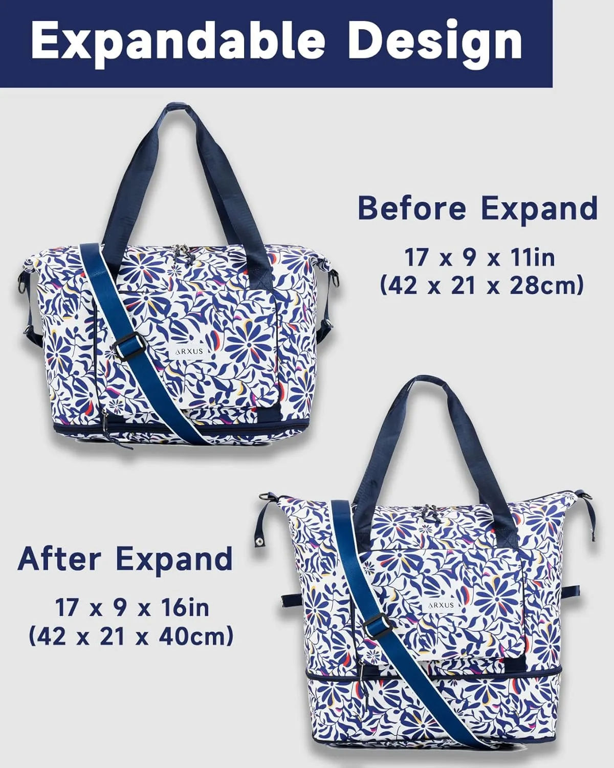 Folding Travel Bag Carry on Bags for Airplanes with Detachable Adjustable Shoulder Strap Light Weight Travel Duffle Bag for Women with Suitcase Sleeve 17x11x9 inch