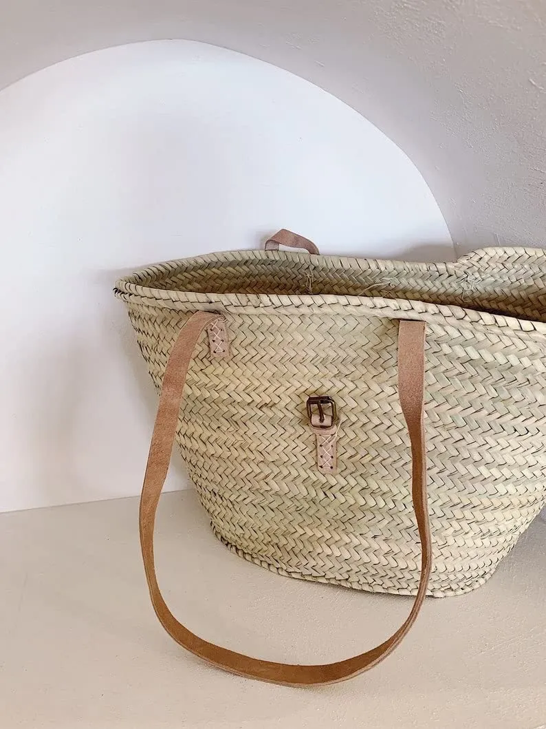 FRENCH BASKET straw bag with leather handles, beach bag, straw bag, market basket, summer bag, crossbody bag, straw basket with handles for women