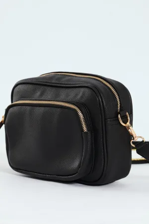 Front Zip Camera Bag With Webbing Strap - Black