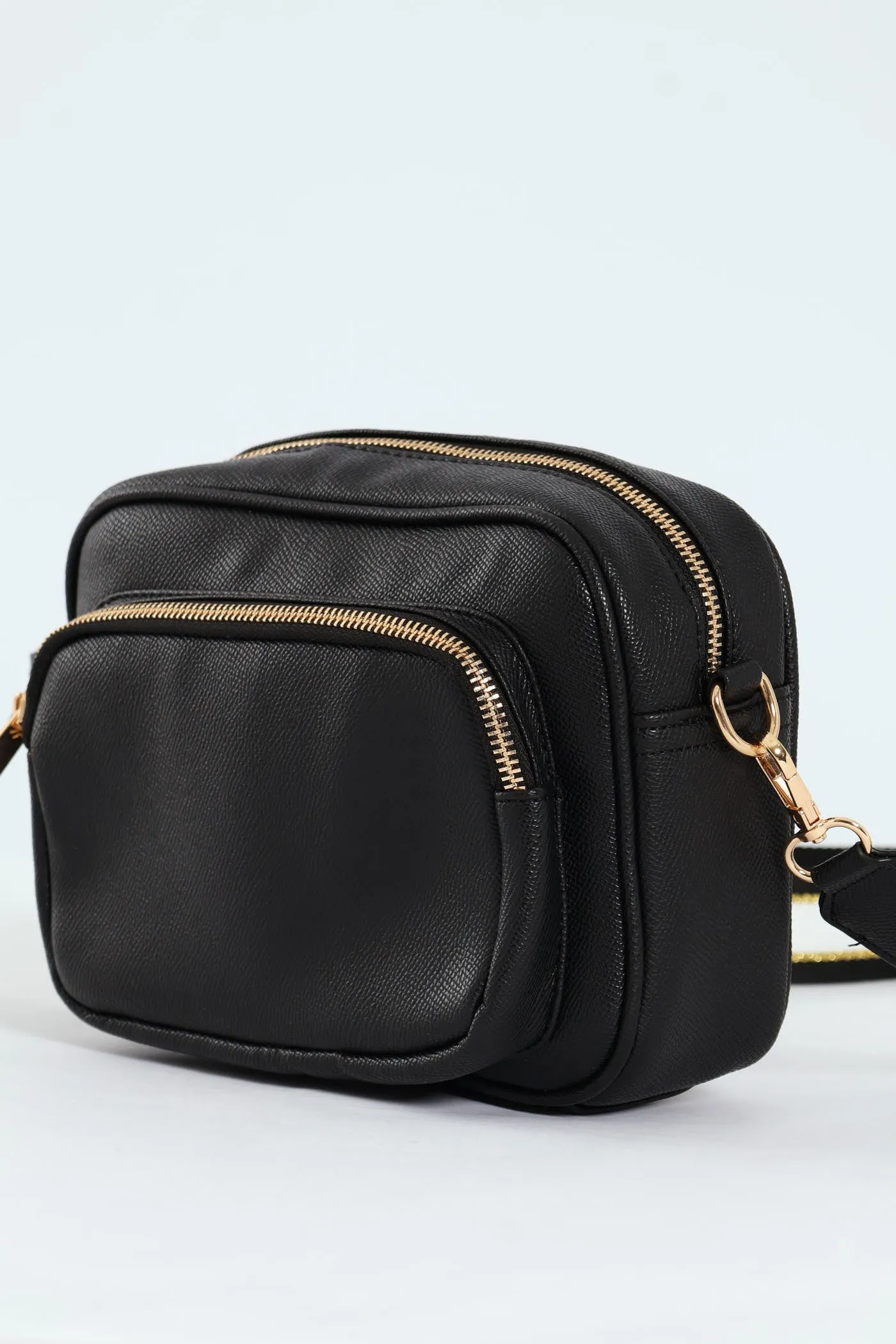 Front Zip Camera Bag With Webbing Strap - Black