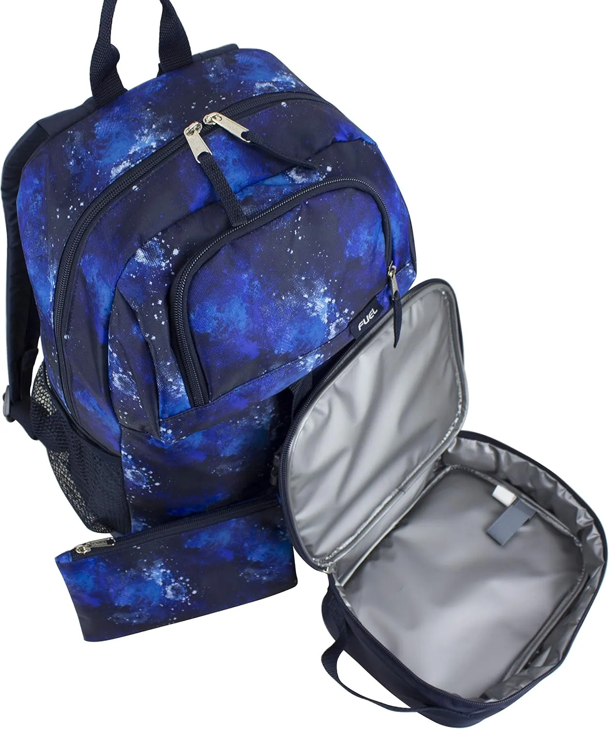 FUEL 4-Piece Bundle Colorful Prints Backpack Book Bag Set Detachable Insulated Lunch Box, Pencil Case, Accessory Pouch