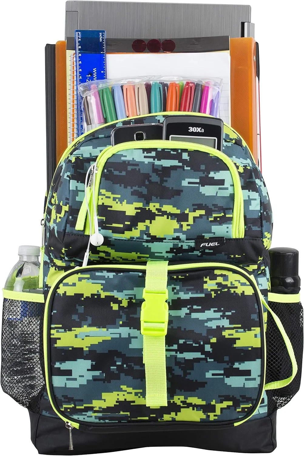 FUEL 4-Piece Bundle Colorful Prints Backpack Book Bag Set Detachable Insulated Lunch Box, Pencil Case, Accessory Pouch