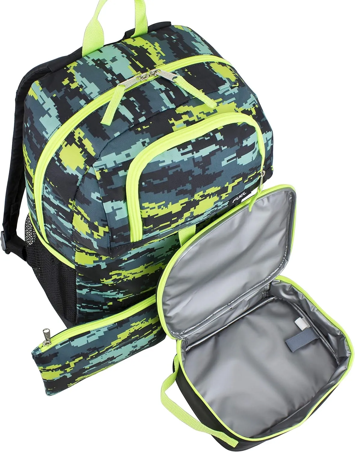 FUEL 4-Piece Bundle Colorful Prints Backpack Book Bag Set Detachable Insulated Lunch Box, Pencil Case, Accessory Pouch