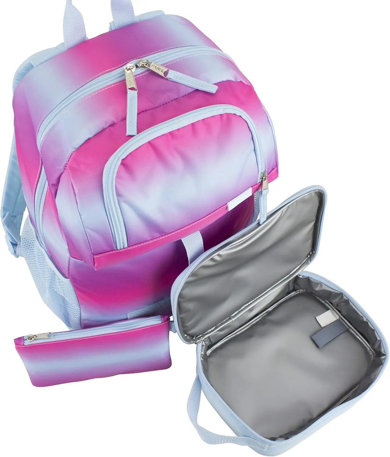 FUEL 4-Piece Bundle Colorful Prints Backpack Book Bag Set Detachable Insulated Lunch Box, Pencil Case, Accessory Pouch