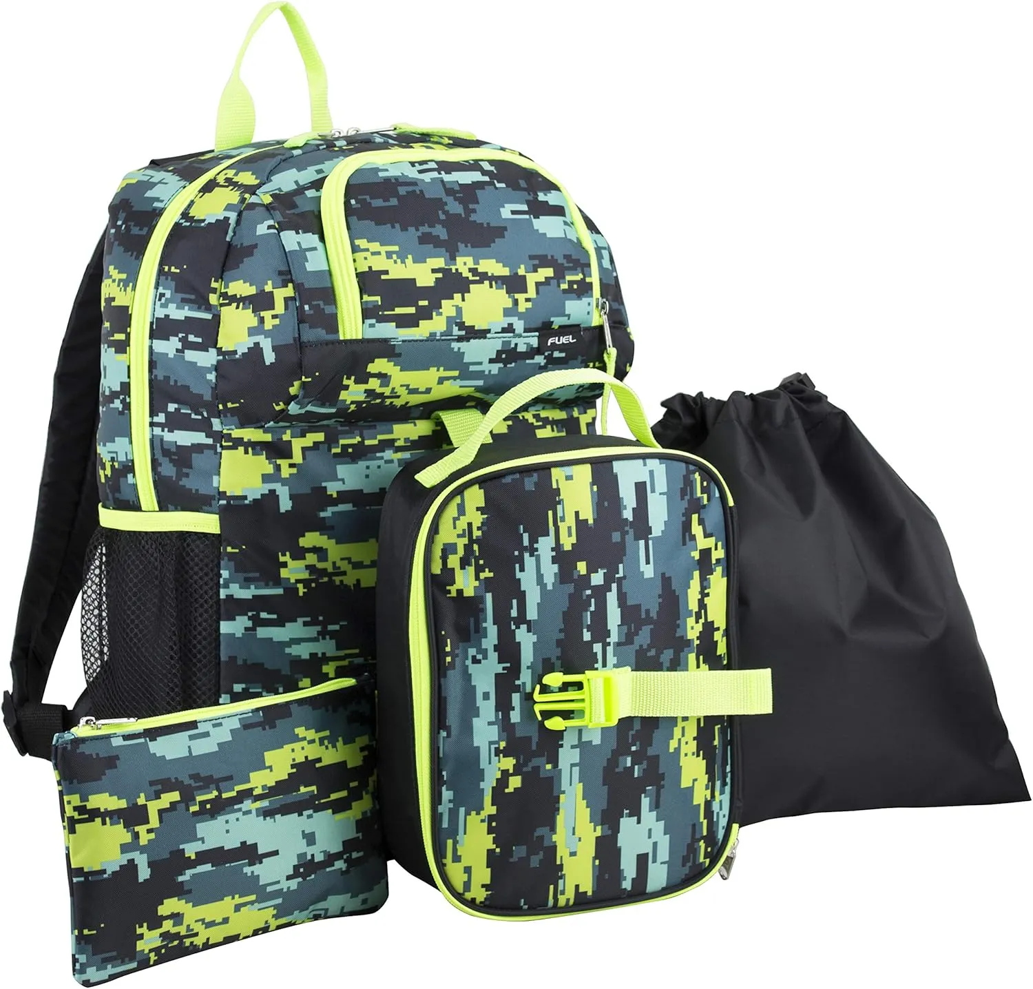 FUEL 4-Piece Bundle Colorful Prints Backpack Book Bag Set Detachable Insulated Lunch Box, Pencil Case, Accessory Pouch