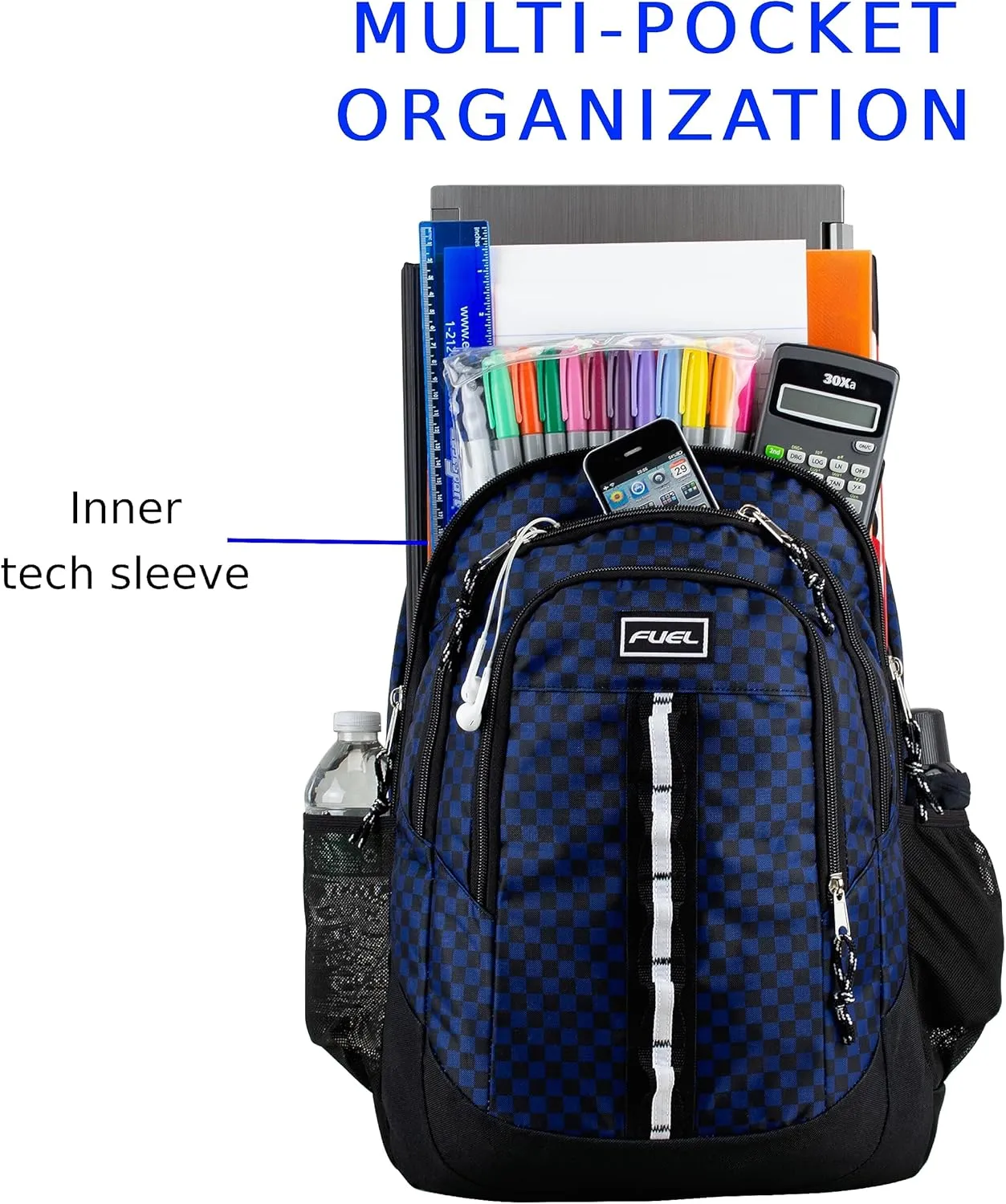 FUEL Travel Laptop Backpack Sport Shock Multi Large Compartments for College Bookbag, Hiking, Work, 18.5 x 13 x 7 Inches, Blue