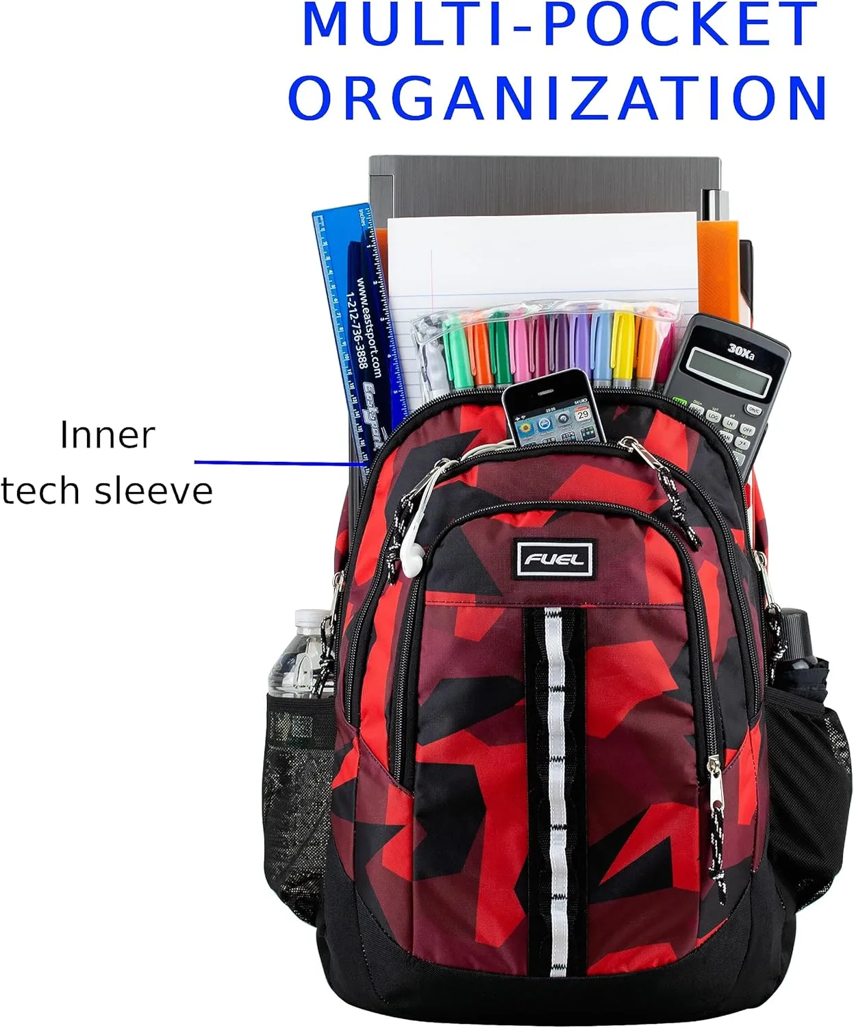 FUEL Travel Laptop Carry On Backpack Sport Shock Multi Large Compartments for College Bookbag, Hiking, Work, 18.5 x 13 x 7 Inches, Red Camouflage