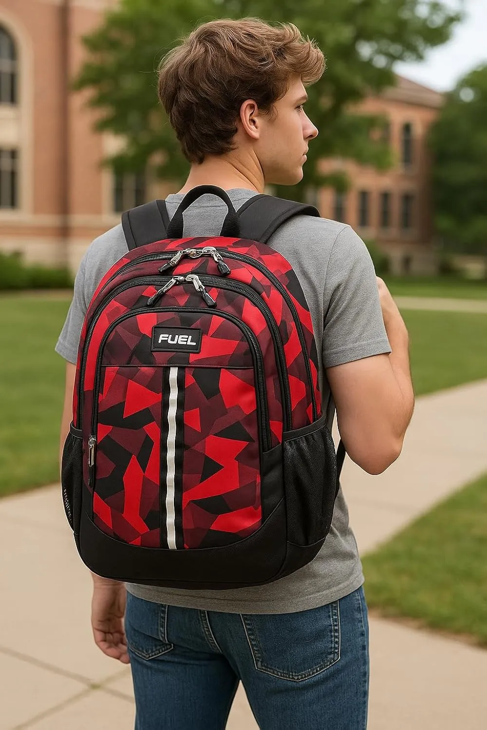 FUEL Travel Laptop Carry On Backpack Sport Shock Multi Large Compartments for College Bookbag, Hiking, Work, 18.5 x 13 x 7 Inches, Red Camouflage