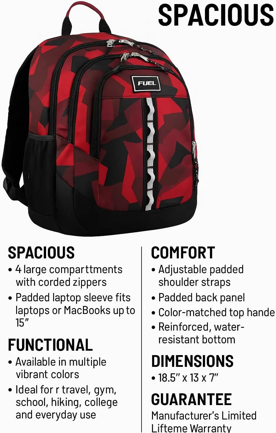FUEL Travel Laptop Carry On Backpack Sport Shock Multi Large Compartments for College Bookbag, Hiking, Work, 18.5 x 13 x 7 Inches, Red Camouflage