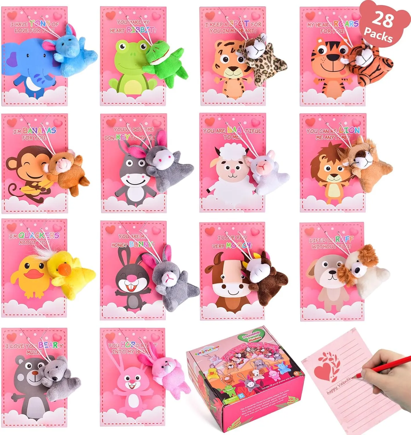 FUN LITTLE TOYS 28 Packs Valentines Mini Plush Toy Set, Cute Stuffed Animal for Kids, Valentine Cards for Students, Classroom