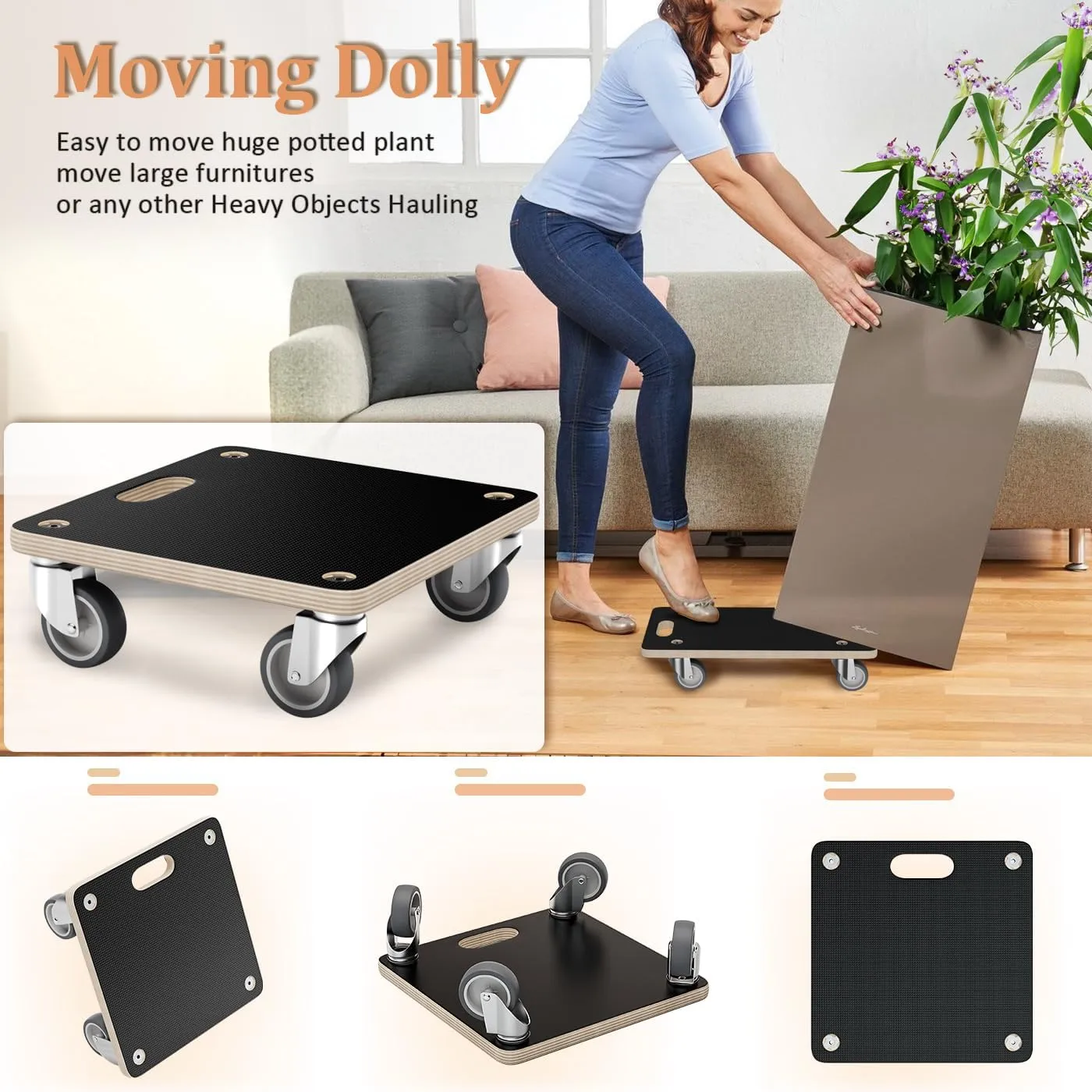 Furniture Mover Dolly Portable Wood Rolling Mover for Heavy Furniture Sofa Cabinet Refrigerator, with 4 360° Rotatable Rubber Universal Wheels, 550 Lbs Capacity, Black (2 Packs)
