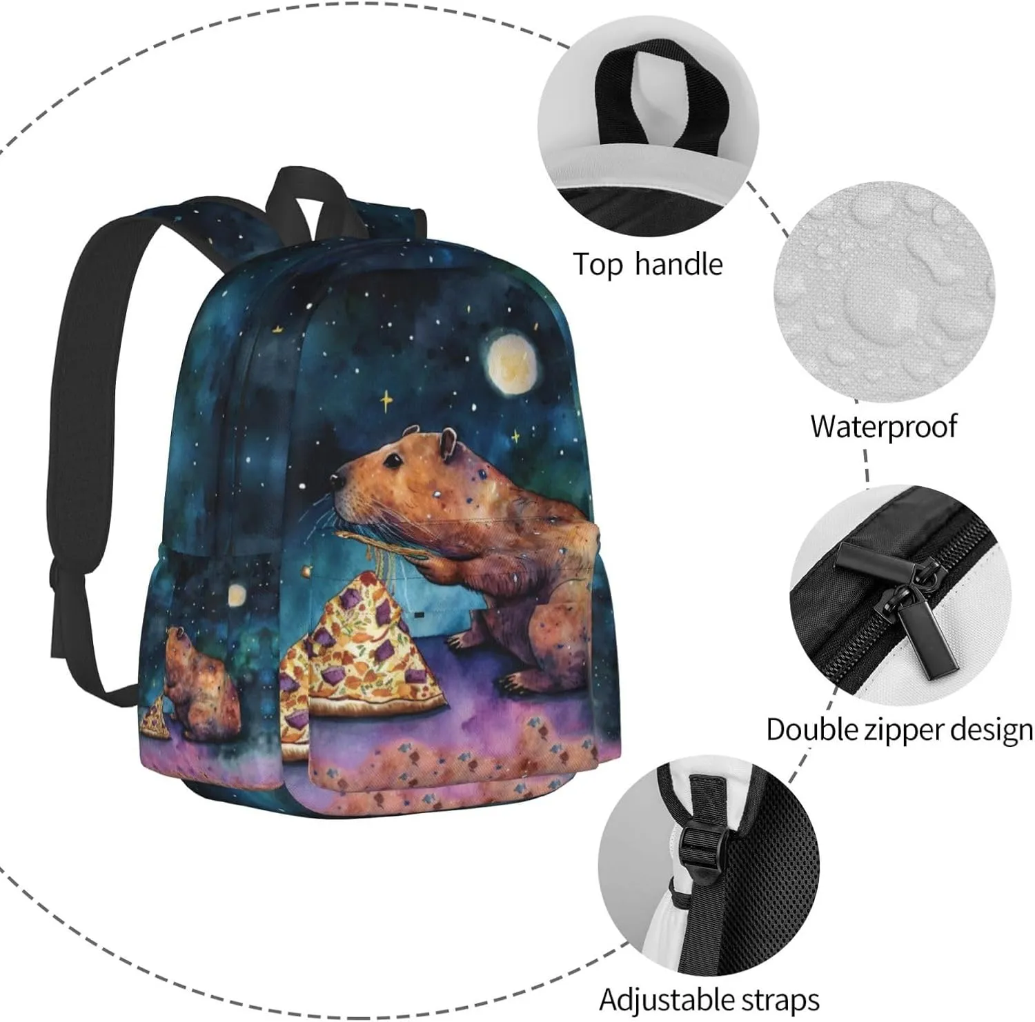 Galaxy Pizza Capybara Backpack School Bag Lightweight Bookbag Casual Daypack for Girls Boys Kids Women Men Travel Laptop 16 Inch