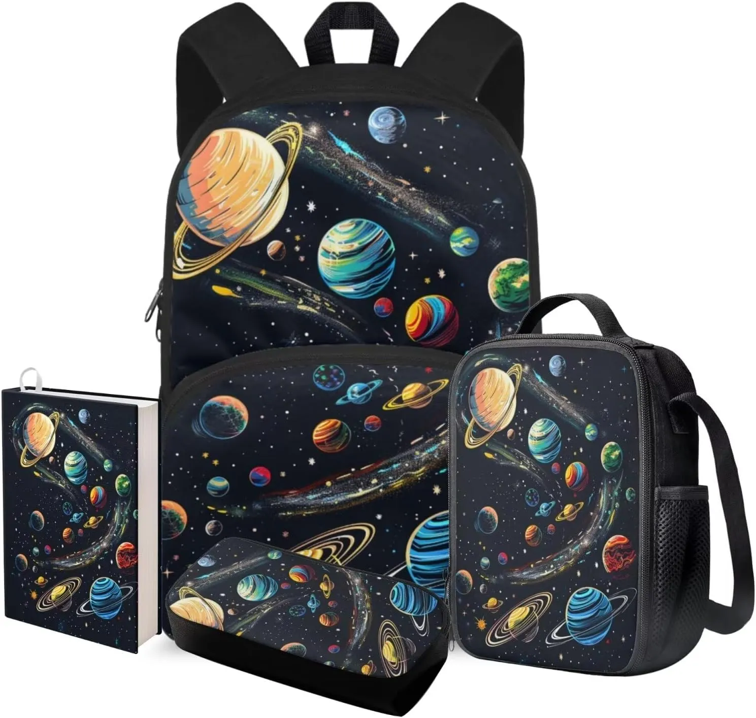 Galaxy Print School Backpack for Boys with Lunch Box Age 8-12 Casual Girls Backpack Set 10-12 Years Old Large Lunch Box Pen Bag for Junior Middle School