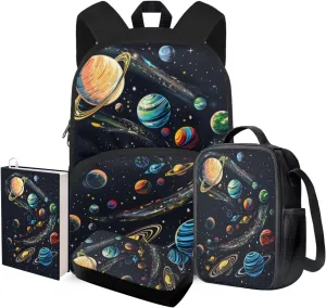 Galaxy Print School Backpack for Boys with Lunch Box Age 8-12 Casual Girls Backpack Set 10-12 Years Old Large Lunch Box Pen Bag for Junior Middle School